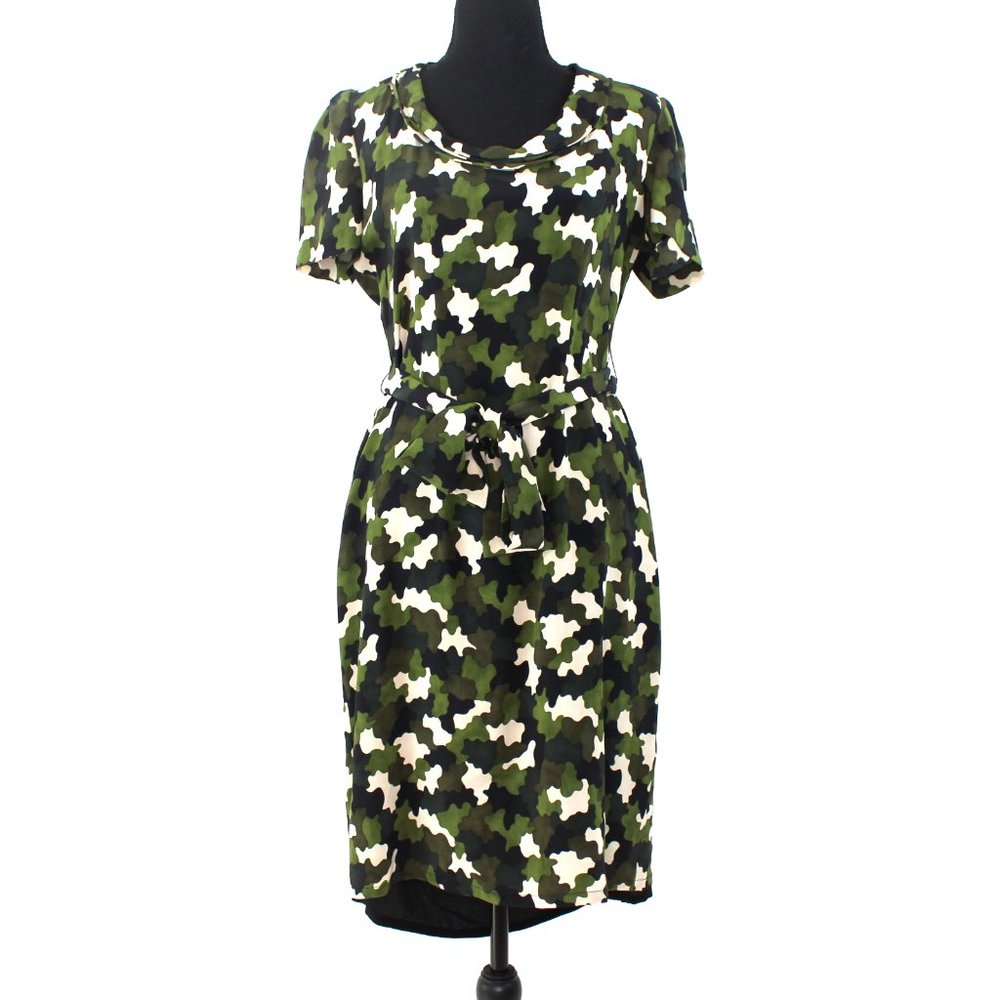 Prada Milano Silk Camouflage Scoop Neckline Short Sleeve Belted Mini Dress 40 M